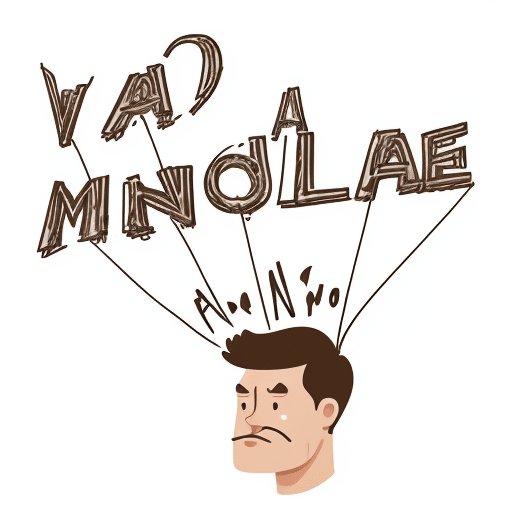 AI generated: illustration of a man thinking, letters emerging from his head, letters blowing in air, white backgr...
