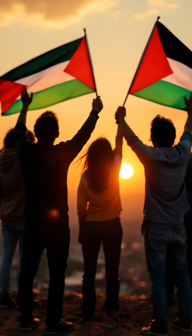 AI generated: Palestinian people standing together holding flags, hands raised, sunset in the background, hopeful ...