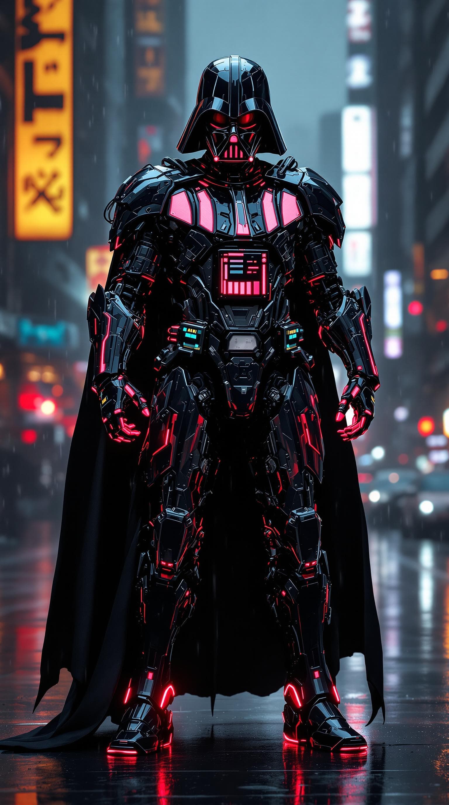 AI generated:  full body cyberpunk mecha  darth vader posing in a dystopian city in the rain  , hyper detailed hel...