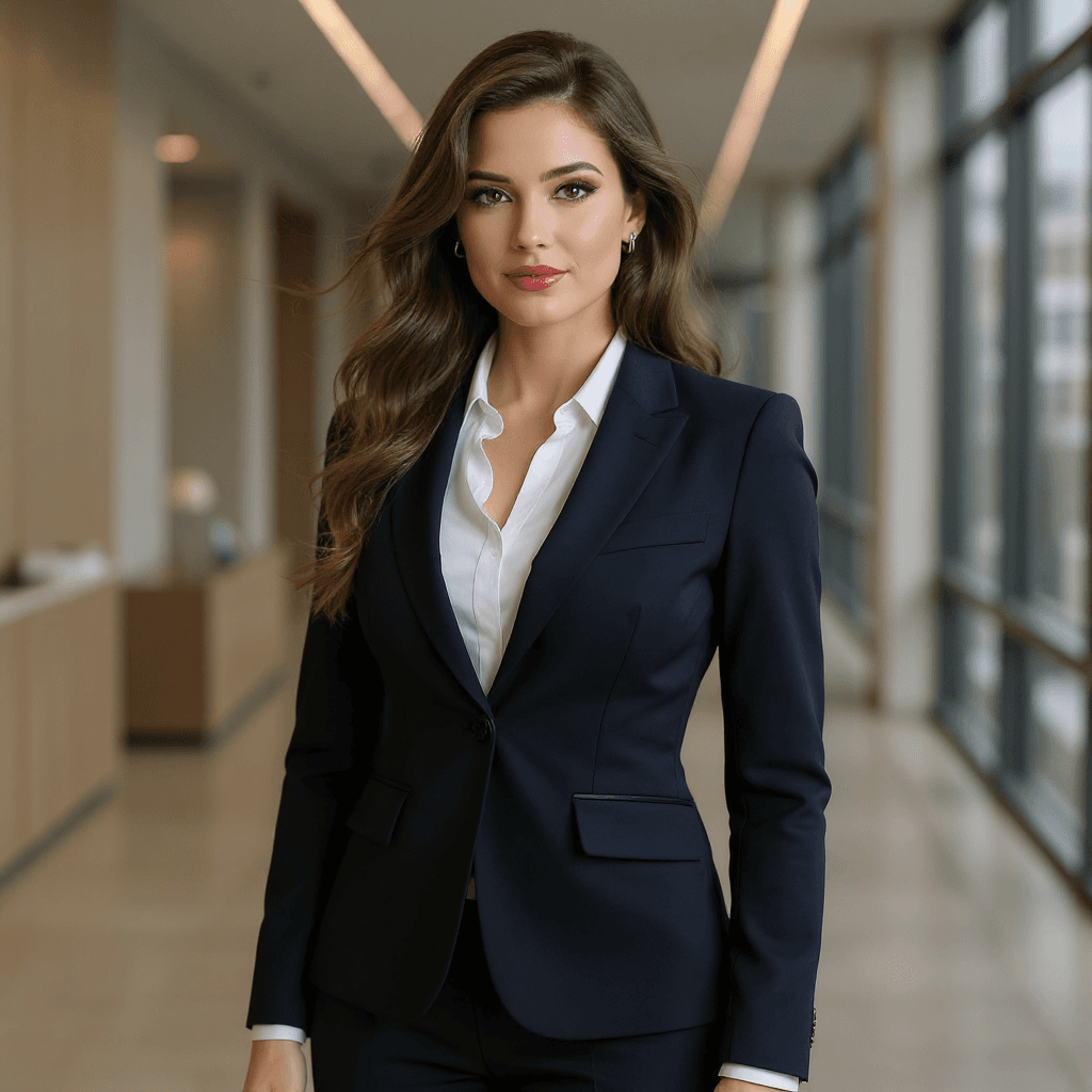 AI generated: A beautiful, confident woman with an hourglass figure, wearing only a little makeup, in a sharp, tai...