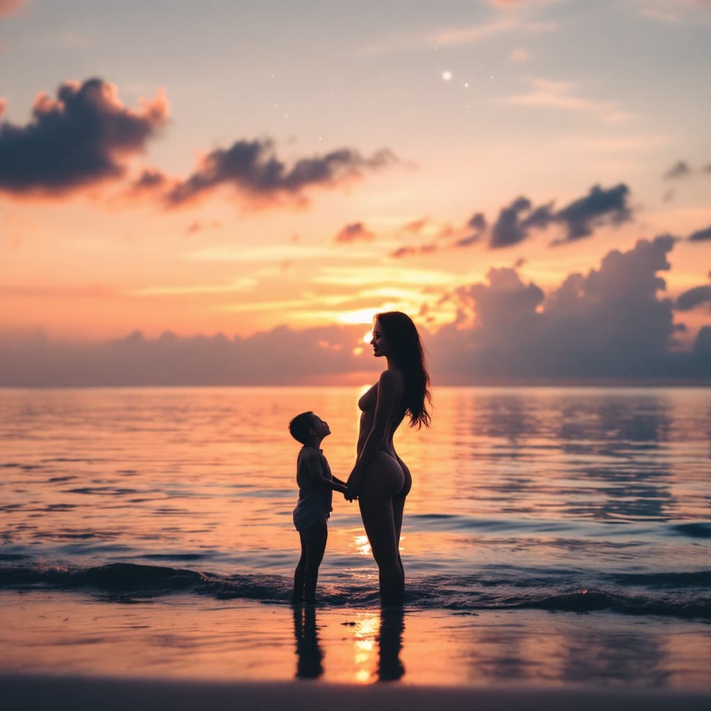 AI generated: A serene Thai beach at sunset, where the sky is a gradient of orange, pink, and deepening purple. A ...