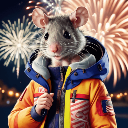 AI generated: cute rat in a ski jacket with fireworks and a grin