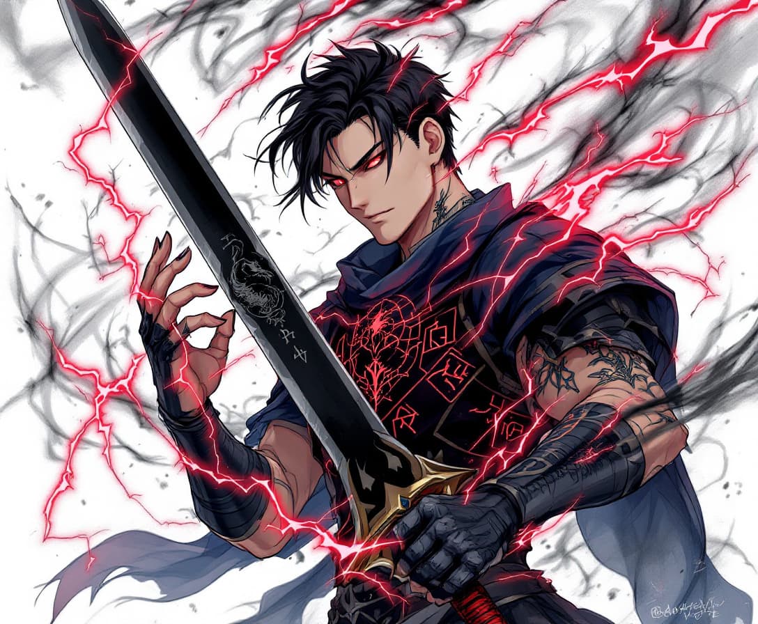 AI generated: a man with light skin, short black hair, black armor with blue fabric, and a black sword with a red ...