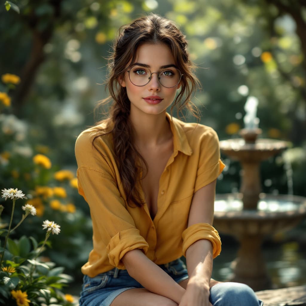 AI generated:  35-year-old woman with brown hair and glasses, wearing a blue t-shot, jeans, yellow shirt, sitting ...