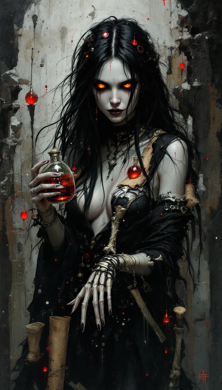 AI generated: "Garnet Necromancer in a Forgotten Crypt": A compelling abstract painting captures a necromancer, di...