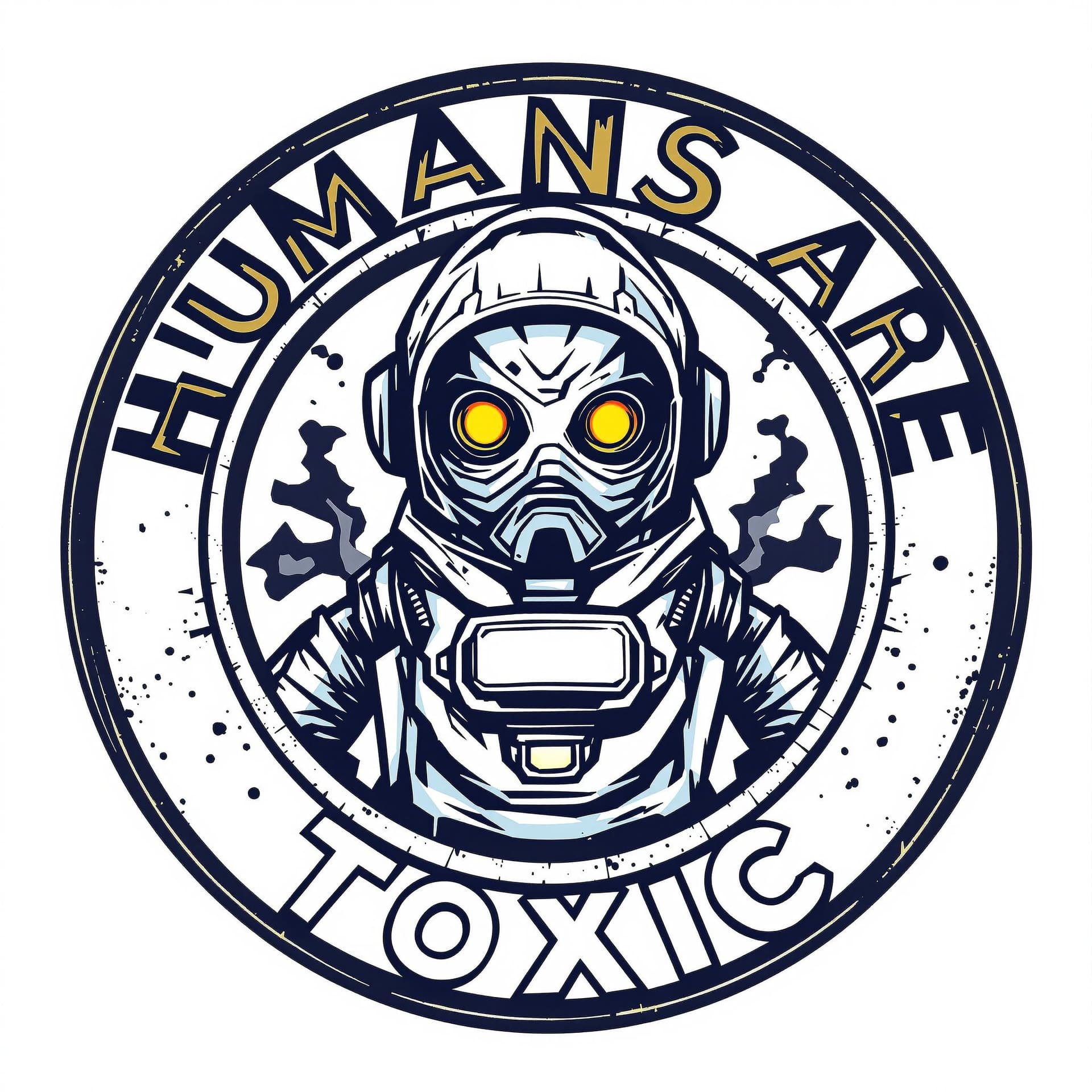 AI generated: a logo of a crazed yet fun loving Robot in a hazmat suit, in the center of a circle, with the words ...