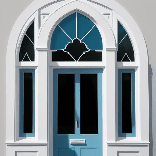 AI generated: photo of a glass gable window from outside front of the building with a color combination of blue wh...
