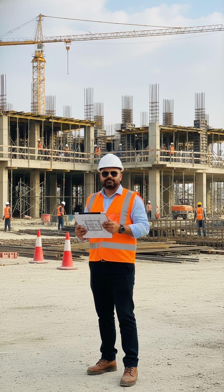 AI generated: A professional site engineer is standing at an active construction site during a routine site visit....