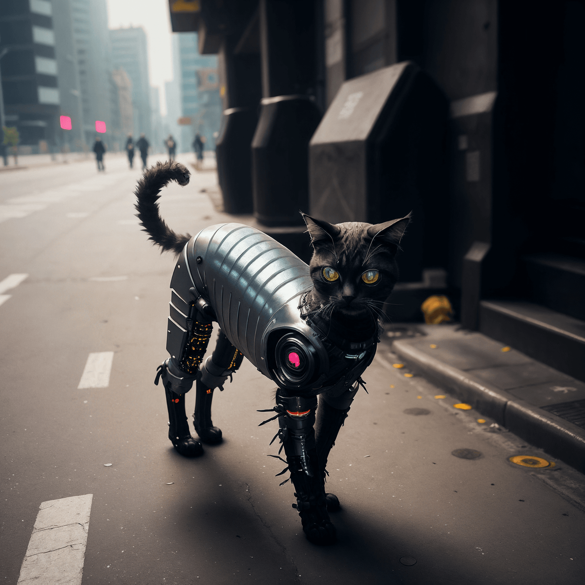 AI generated: hdr film still lifelike textures,cyberpunk exoskeleton cat walking on a street, metallic exoskeleton...