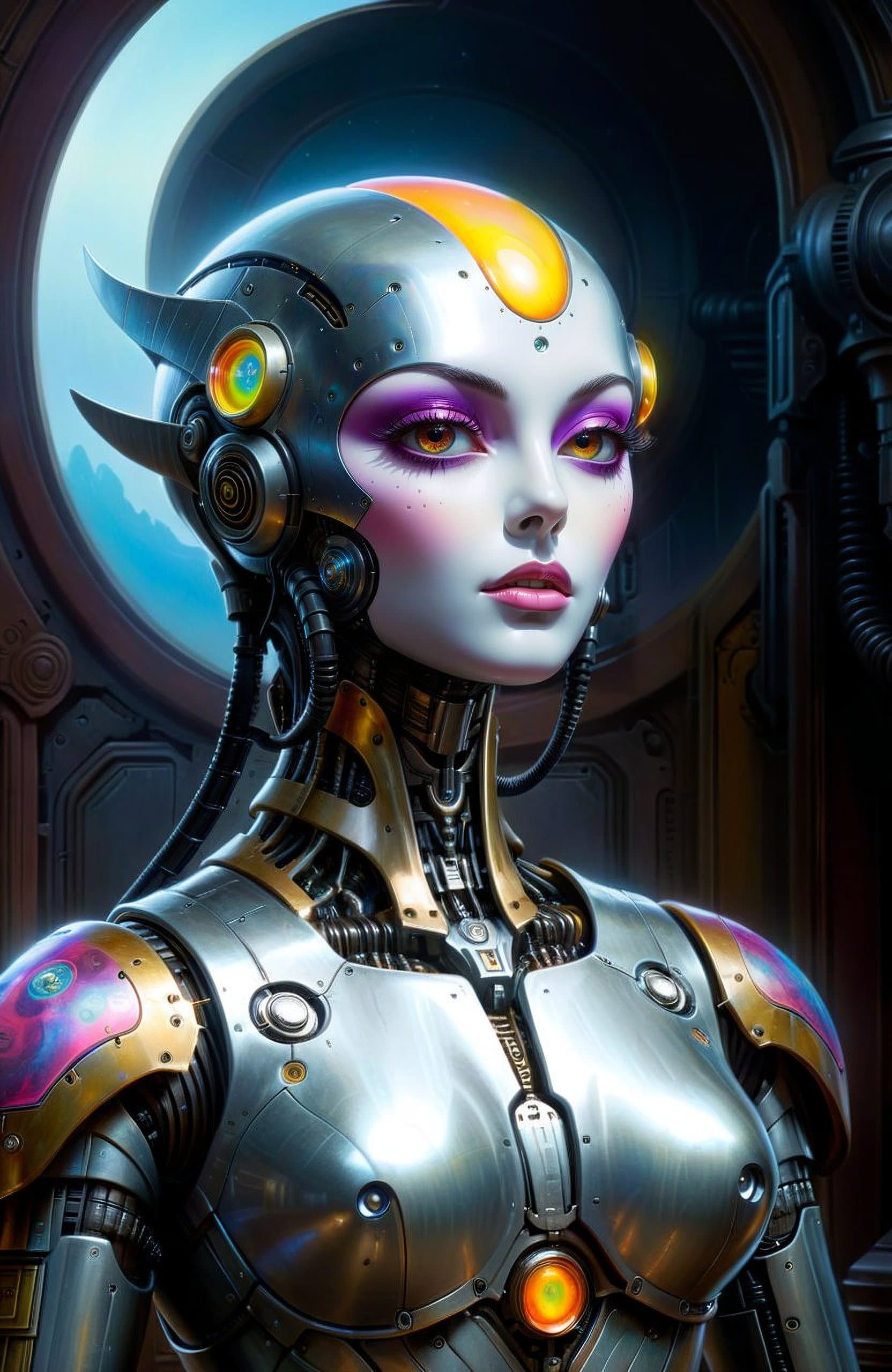 AI generated: cinematic bust portrait of psychedelic robot from left, head and chest only, exotic alien features, ...
