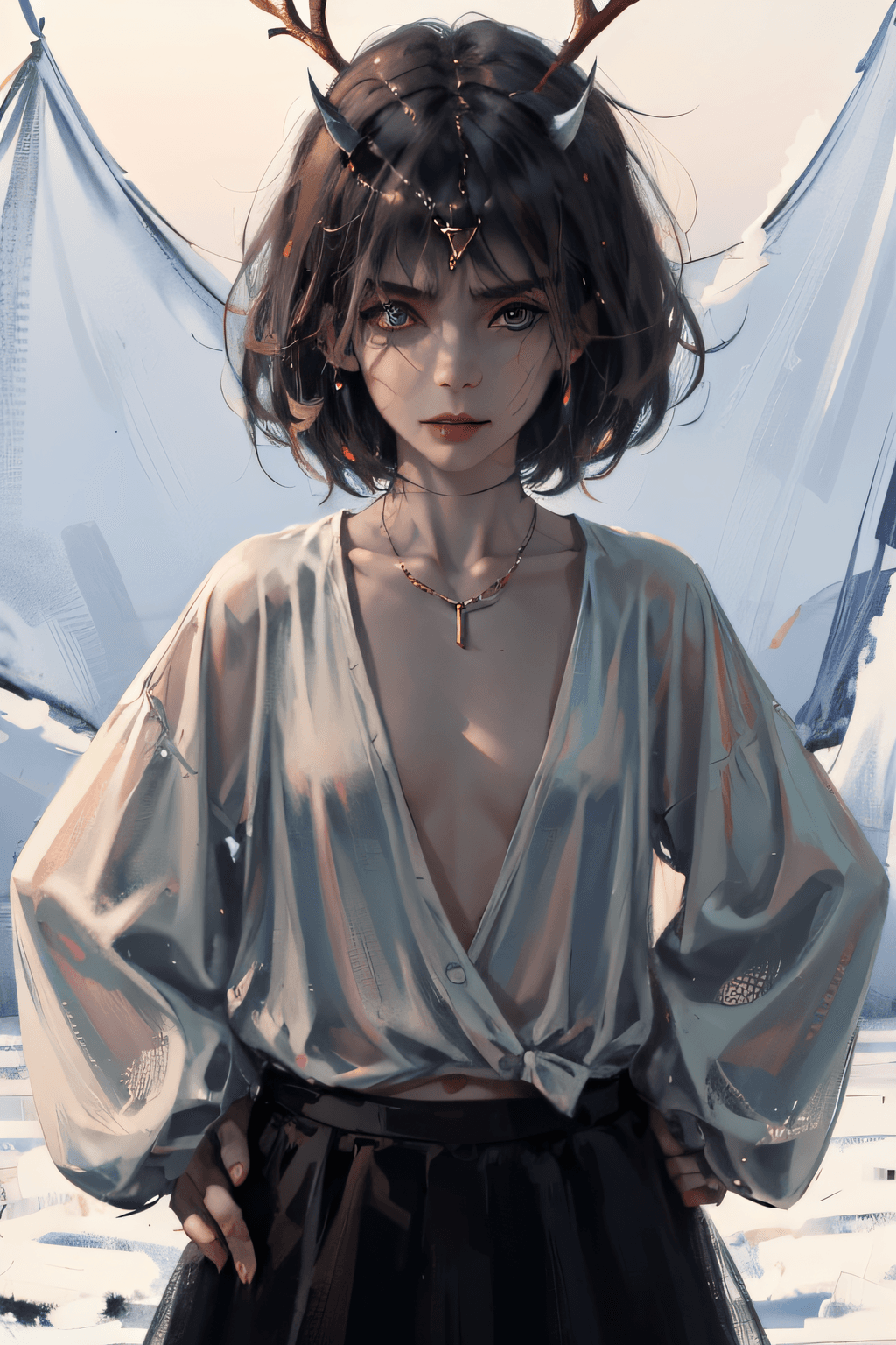 AI generated: sinple background, biting lip, frontal view, portrait, 1girl, solo, looking at viewer, short hair, b...