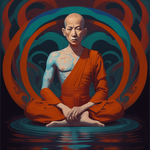 AI generated: a monk in orange sitting by the water, in the style of casey weldon, ben templesmith, colorful turbu...