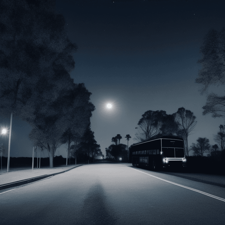 AI generated: side view of a long and dark lit strange bus at a distance, in the middle of the night, moonlight, l...