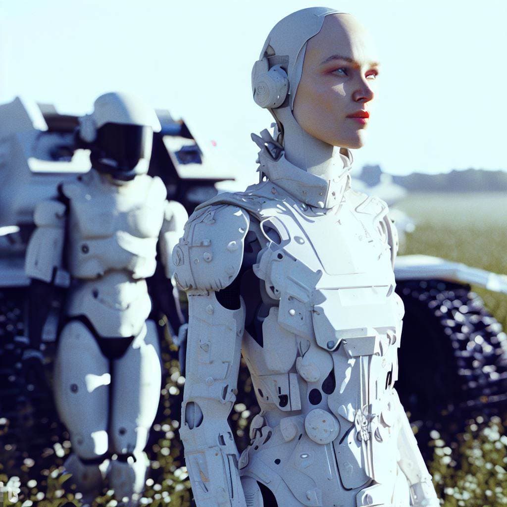 AI generated: full body photo of a Soldier of the future in advanced armour walking with soldiers,textured skin,fu...