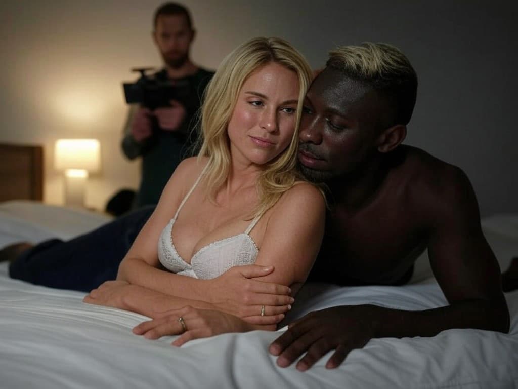 AI generated: A half naked with bra blonde woman [wife] with ring is safe sex in bed with a black-skinned half nak...