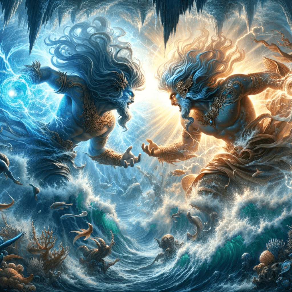 AI generated: Visualize an underwater realm where two half-god figures reign. The first commands the element of wa...