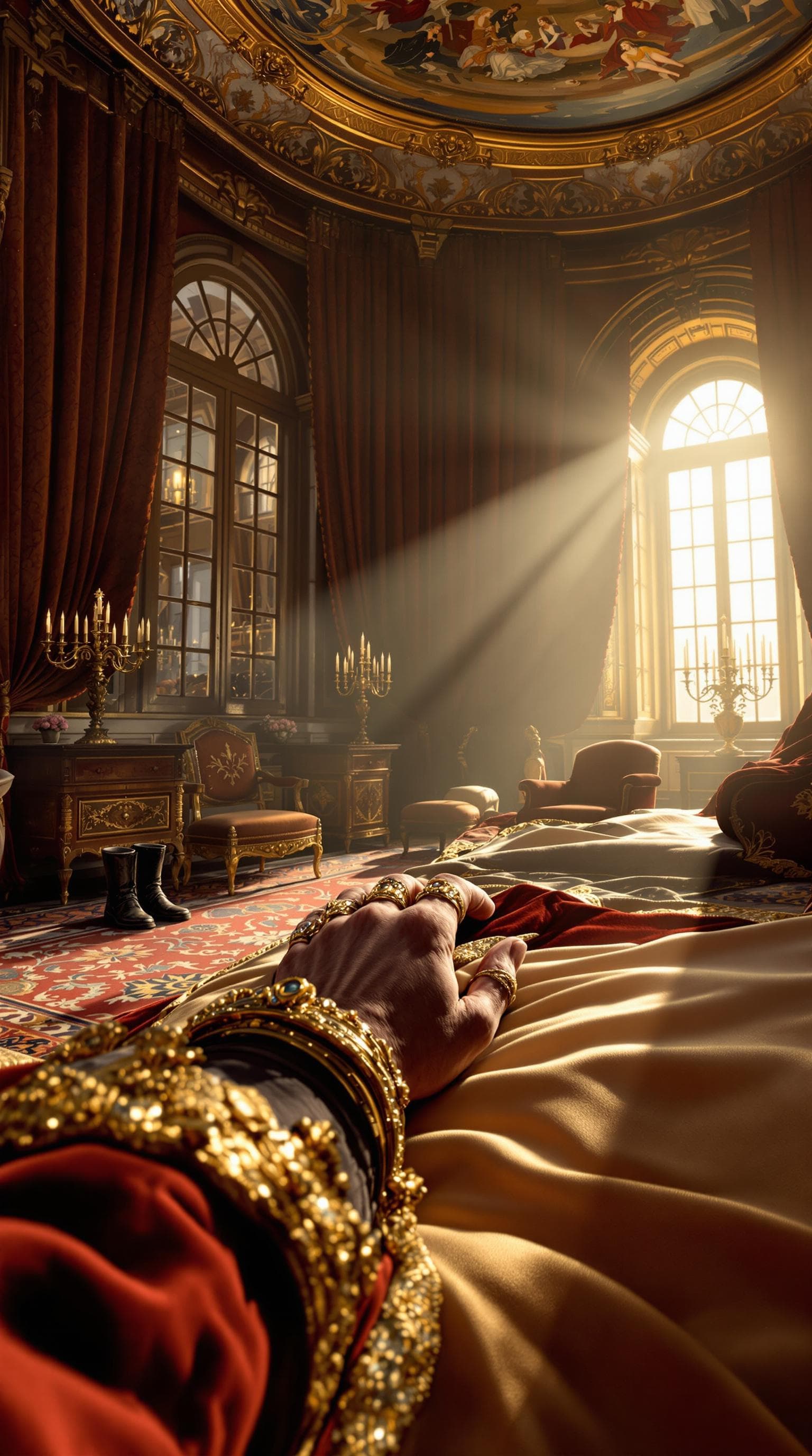 AI generated: First person POV, the Sultan slowly awakens in his grand bedroom within the Ottoman palace. The sunl...
