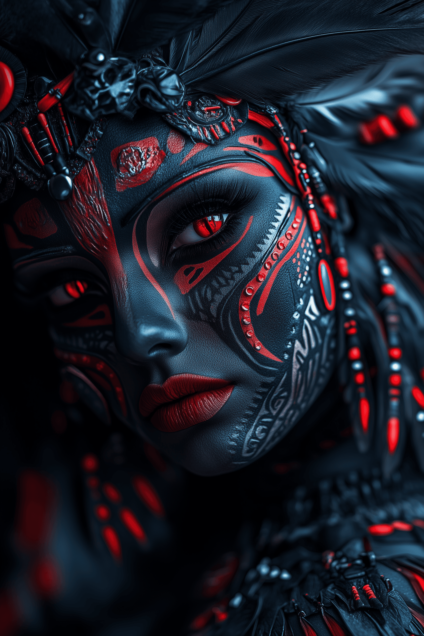 AI generated: striking tribal face paint.  The skin is dark, almost black, with intricate red and gray patterns co...