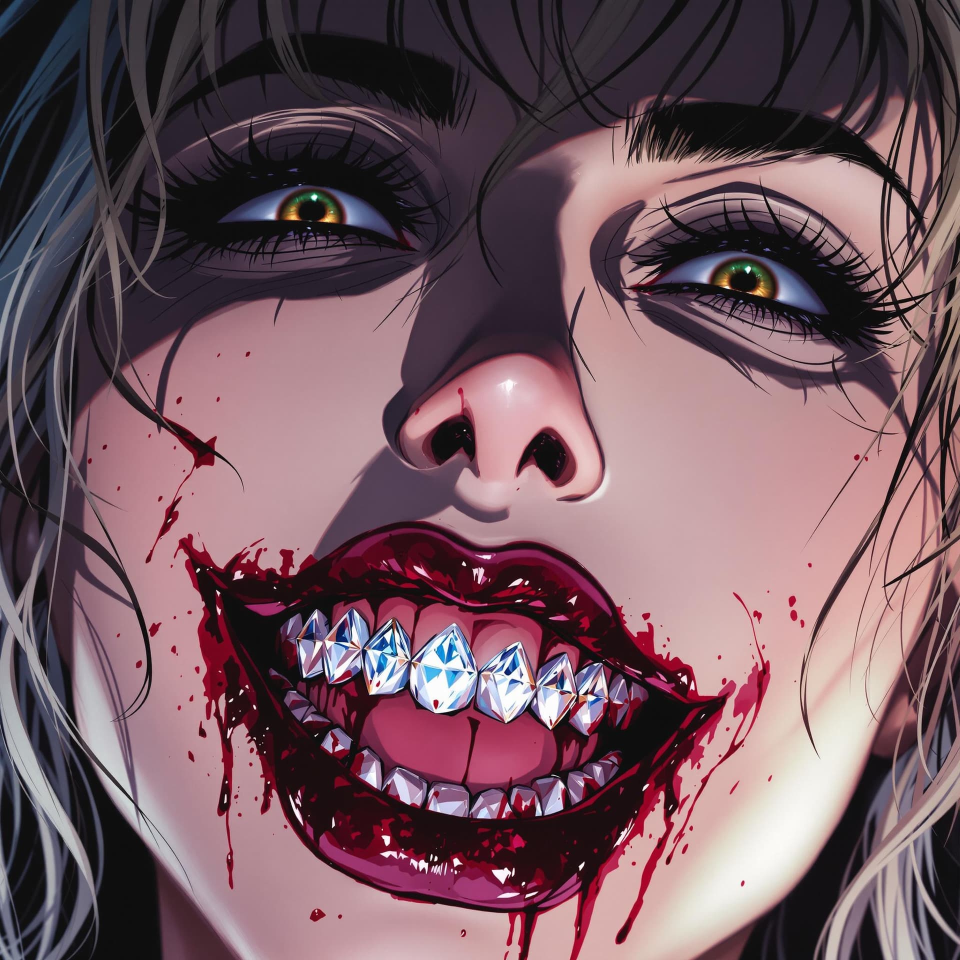 AI generated: anime horror close-up portrait of a woman inspired by Madonna, styled like a character from Smile, h...