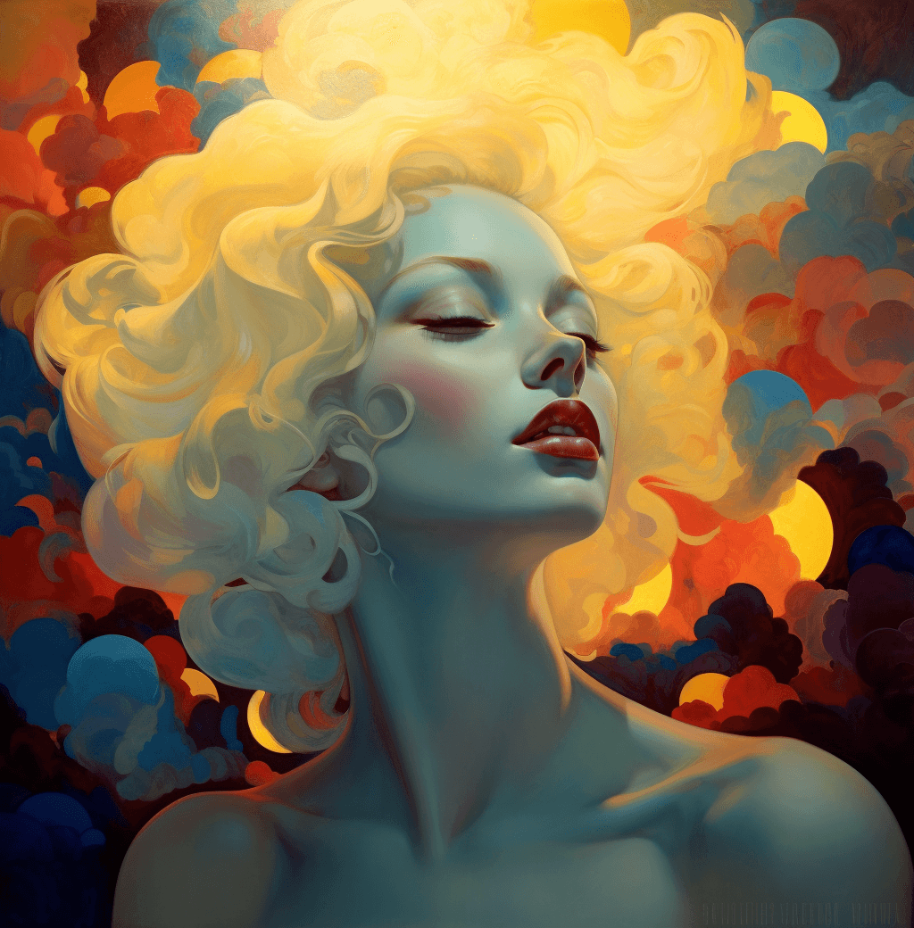AI generated: Beautiful abstract painting of a blonde woman with red lips, in the style of Maxfield Parrish and Be...