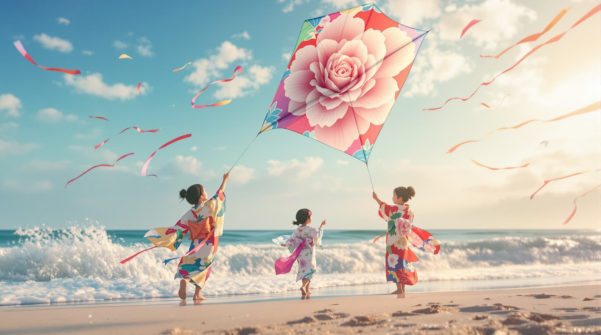AI generated:  japanese children in traditional kimono on a beach flying 3d kite with   large rose flower design p...