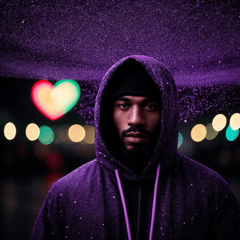 AI generated: in style of trap music video grainy closeup still of glowing bokeh, focus on his face extreme bokeh,...
