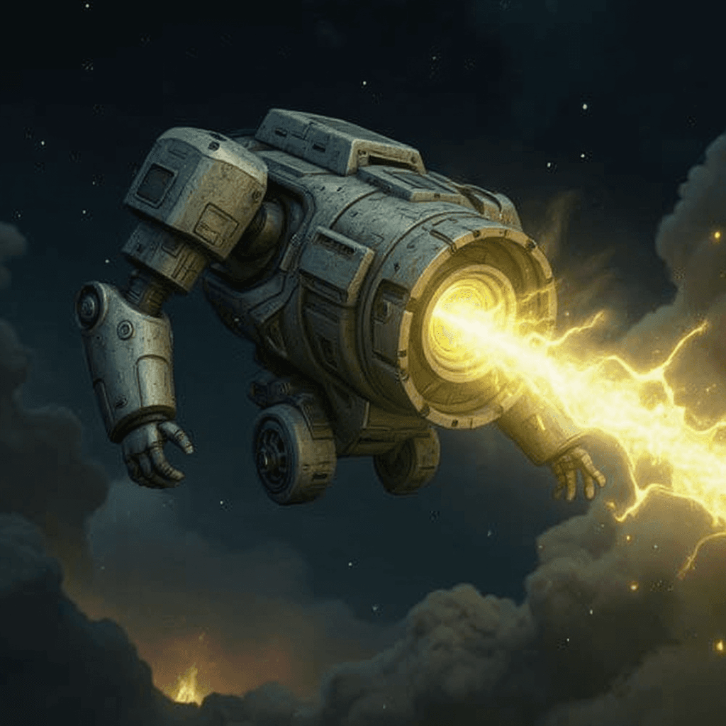 AI generated: can you turn this character into a floating, orbital machine that beams light and destroys humanity?