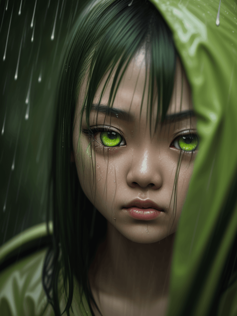 AI generated: dramatic shot green eye asian girl, wet hair, rainy, green yellow neons, big close up,