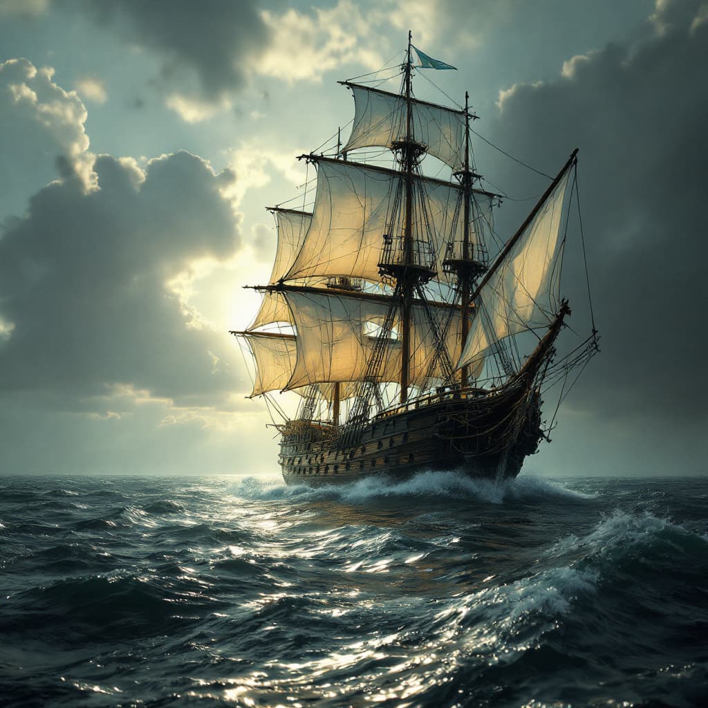 AI generated: Photo of a ultra realistic sailing ship, dramatic light, pale sunrise, cinematic lighting, battered,...