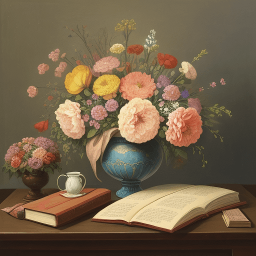 AI generated: a traditional still life painting of a vase full of flowers and some books on a table