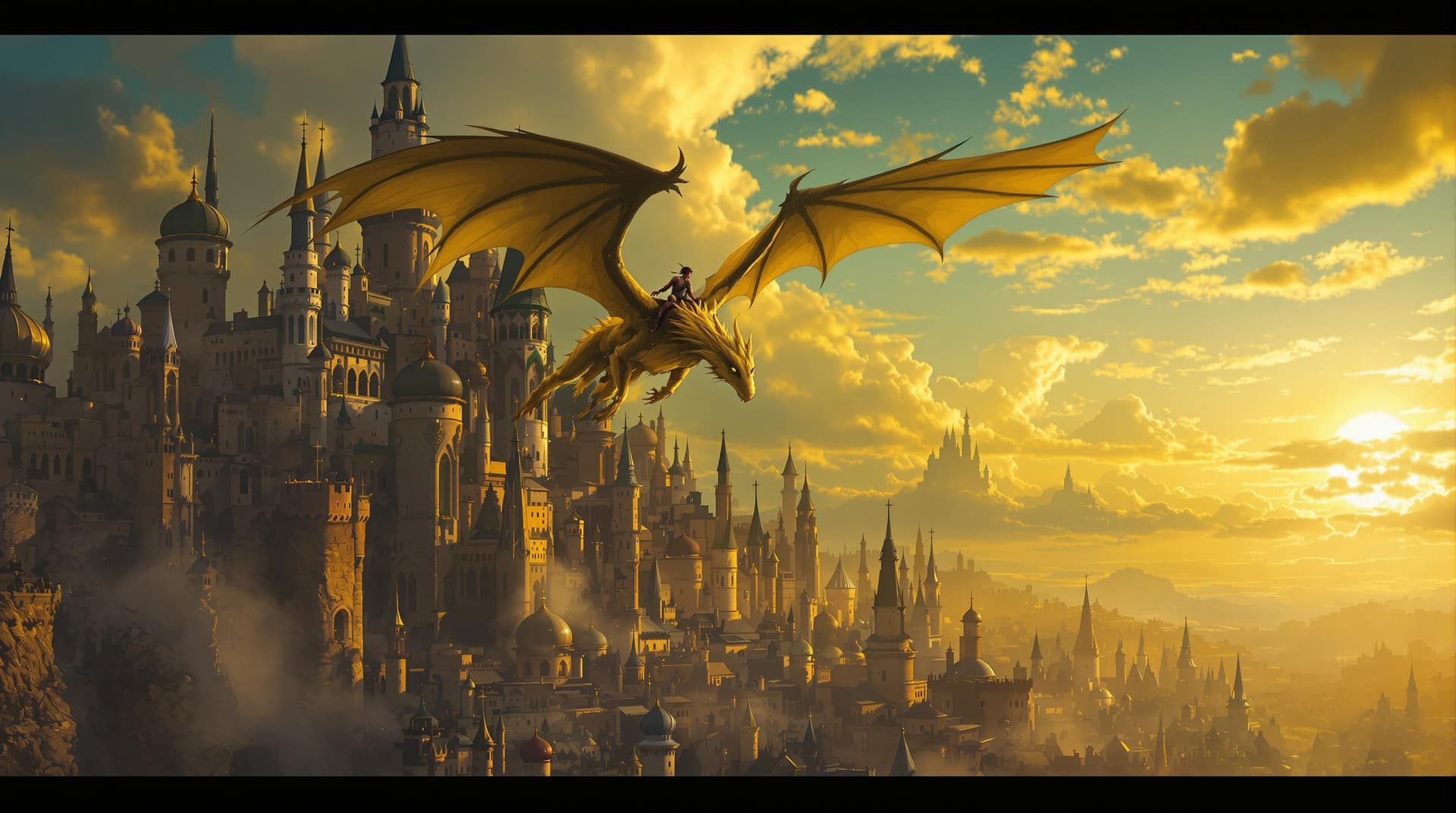 AI generated: a fantastical cityscape with a large winged creature soaring above it, set against a vibrant yellow ...