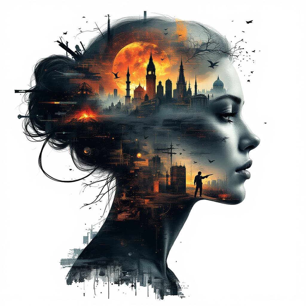 AI generated: Abstract style dystopian future with elements of an apocalyptic war inside the silhouette of a woman...