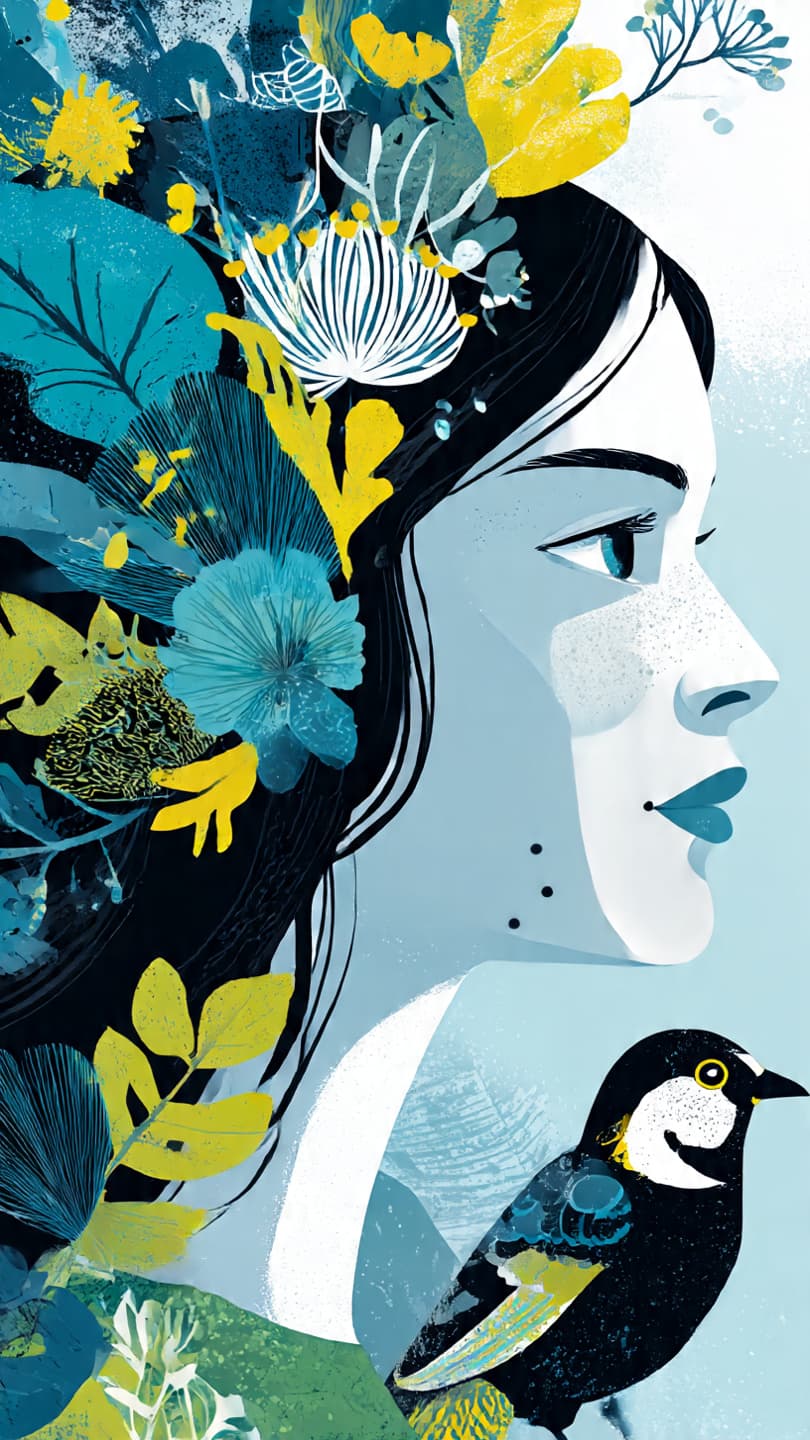 AI generated: A stylized illustration of a woman in profile, positioned on the left side of the frame. Her complex...