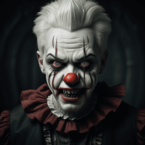AI generated: (photo RAW),creepy angry evil man clown with long, sharp bloody teeth,fantasy, horror,white hair,mas...