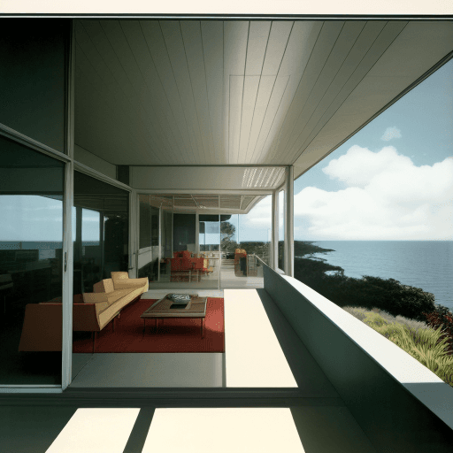 AI generated: Hyper realistic eye level exterior photo of a mid century modern style house overlooking the ocean, ...