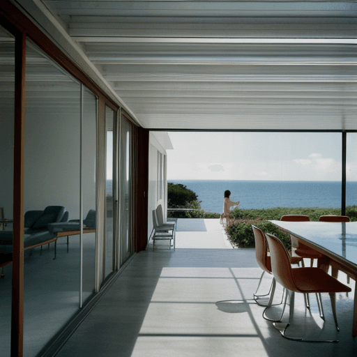 AI generated: Hyper realistic eye level exterior photo of a mid century modern style house overlooking the ocean, ...
