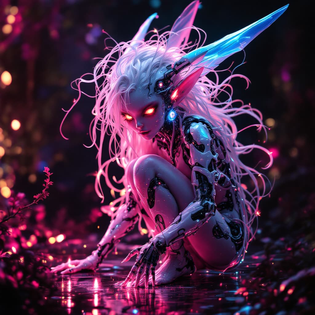 AI generated: surreal black light poster of a intricate portrait of An amazing cyberpunk elven pixie cyborg creatu...