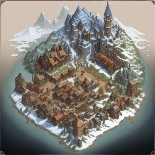 AI generated: huge isometric medieval fantasy map of a massive village on the snowy mountains ::2 peaceful, vivid ...