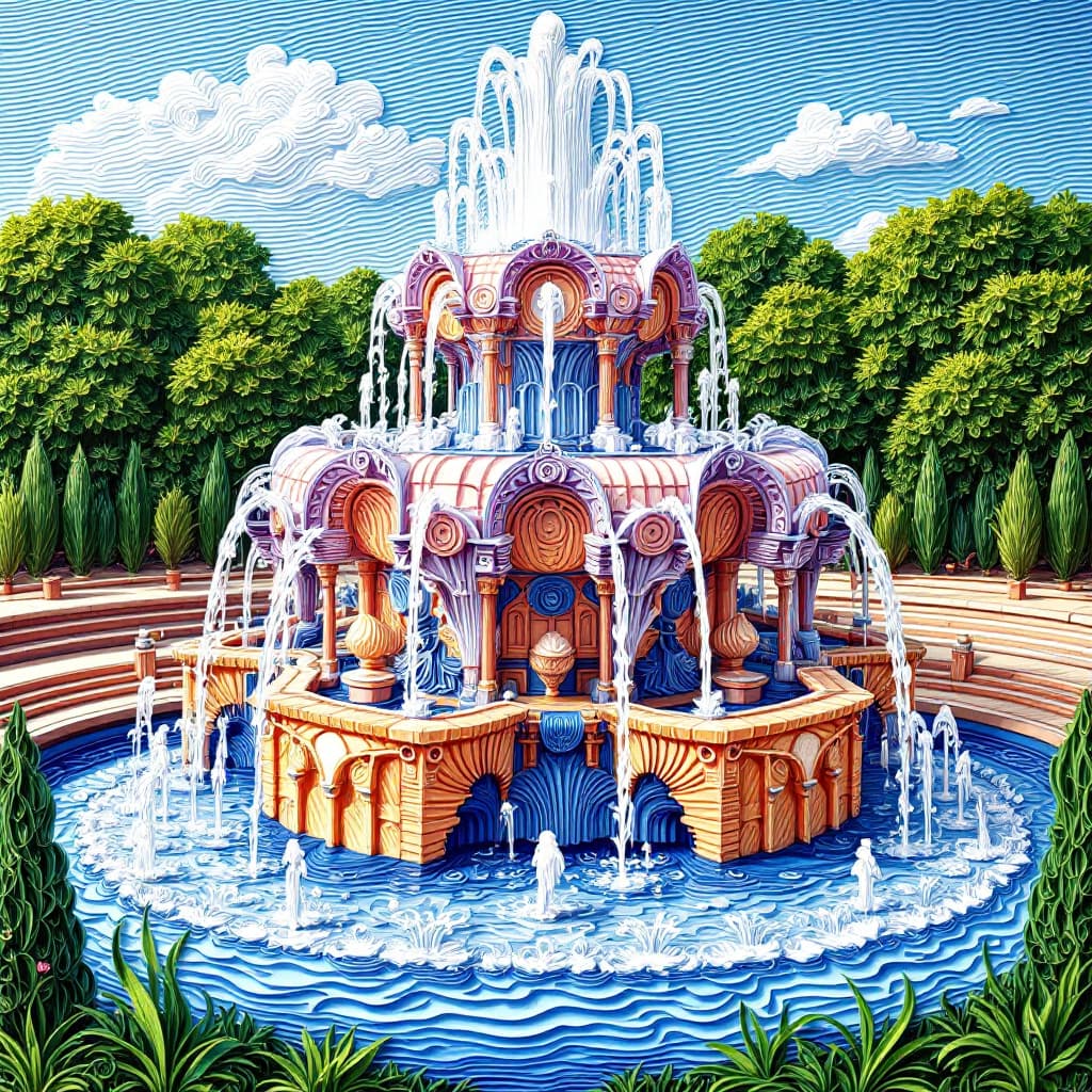 AI generated: A detailed paper quilling portrait of the Buckingham Fountain, with intricate coils and swirls of co...