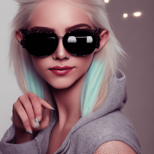 AI generated: A female who has short, platinum blonde hair styled up with sunglasses resting on top of her head. S...