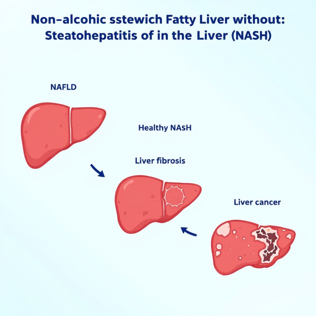 AI generated: An educational medical infographic showing the progression from non-alcoholic fatty liver disease (N...