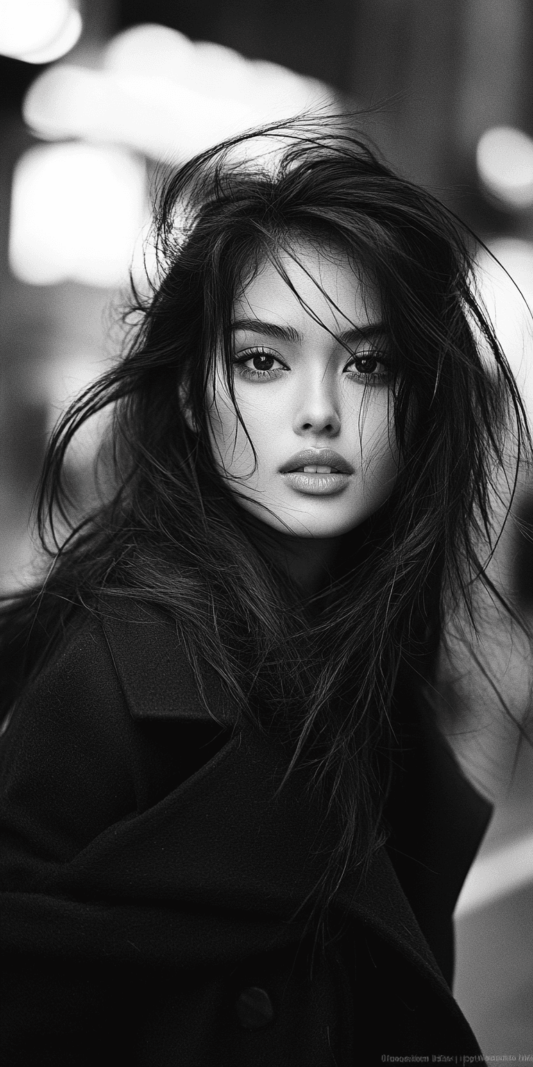 AI generated: Black-and-white street photography of a beautiful woman with long hair, blurry background, motion bl...