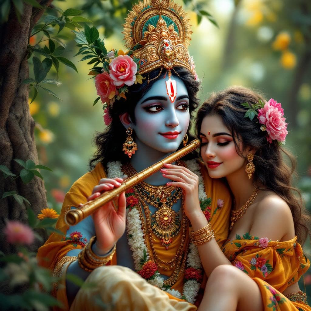AI generated: "A highly detailed and ultra-realistic 4k rendered  and vibrant digital painting of Lord Krishna pla...