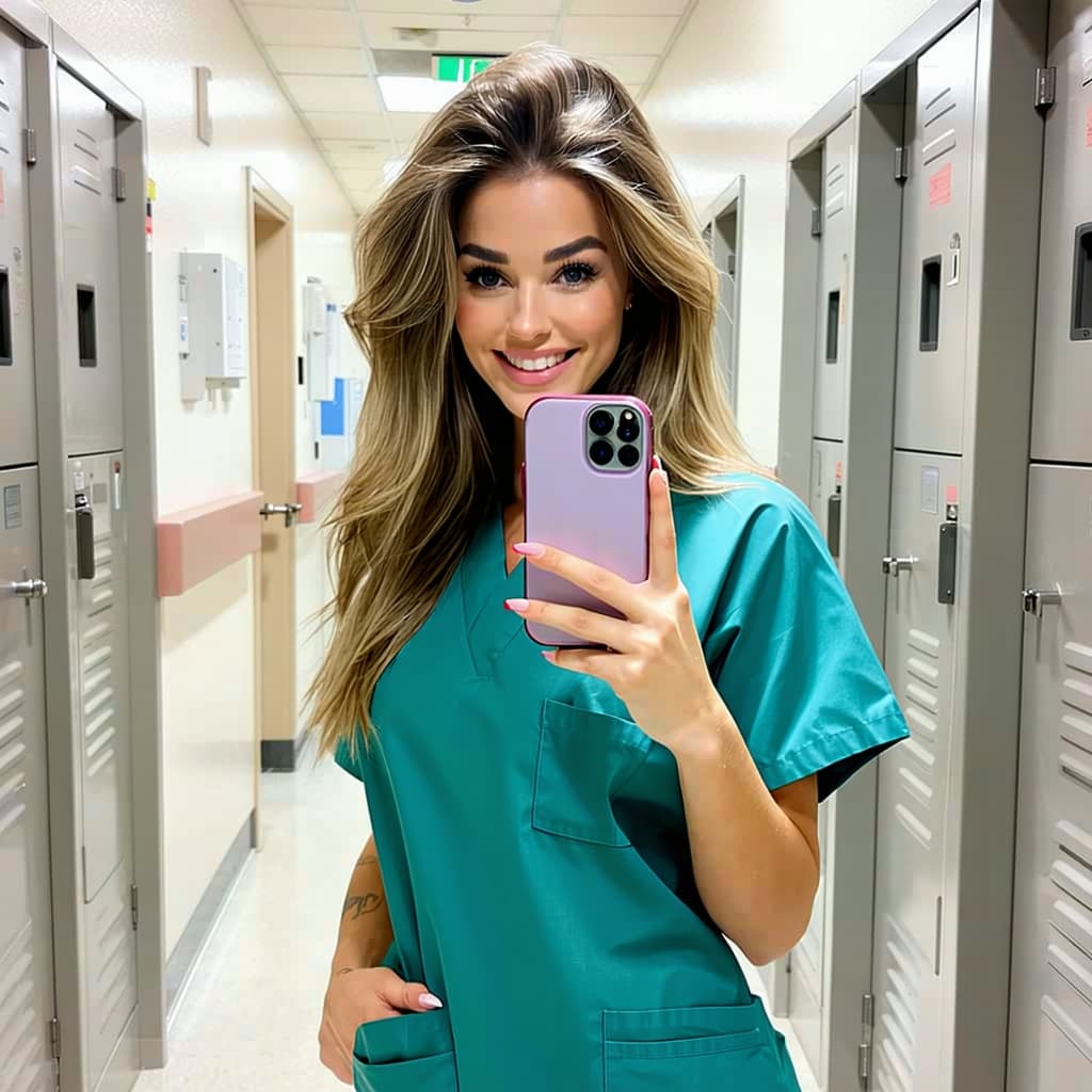 AI generated: Photorealistic IPhone selfie quality of a beautiful nurse in a scrub suit taking a picture of hersel...