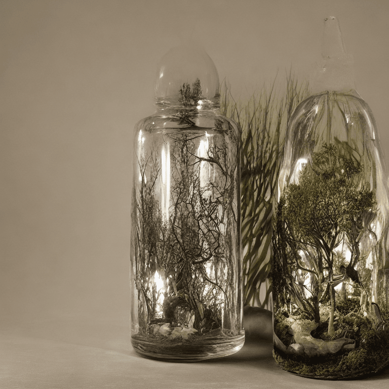 AI generated: RAW studio photo of (An intricate forest minitown landscape trapped in a bottle), atmospheric oliva ...