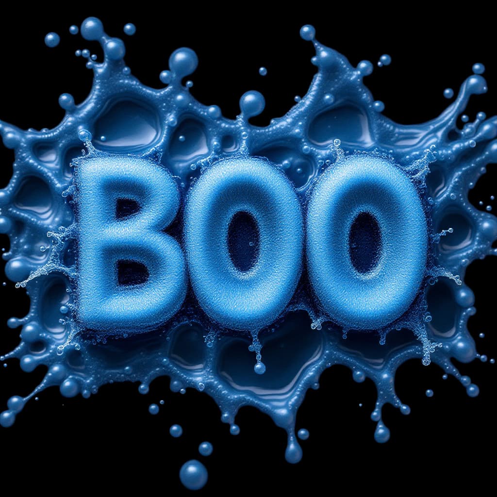AI generated: experimental photography, flat lay, form of "BOO", blue color bubbly texture, thin soap film membran...