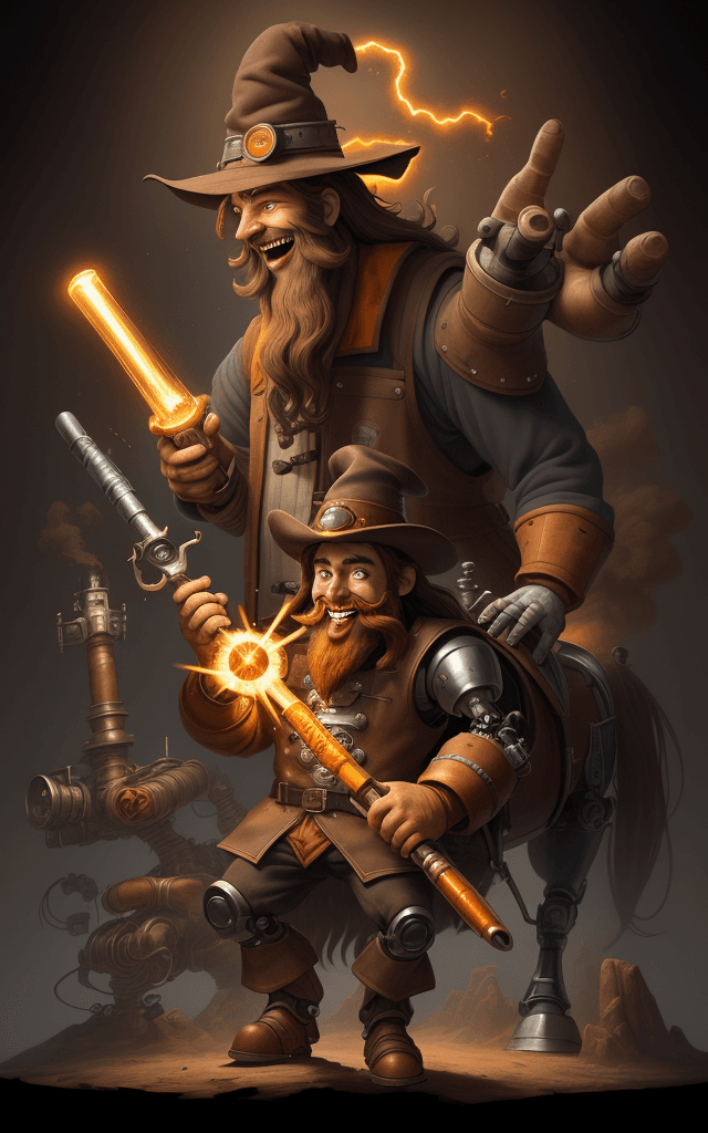 AI generated: charming character illustration, solo character, laughing wizard, long brown beard, long brown hair,...