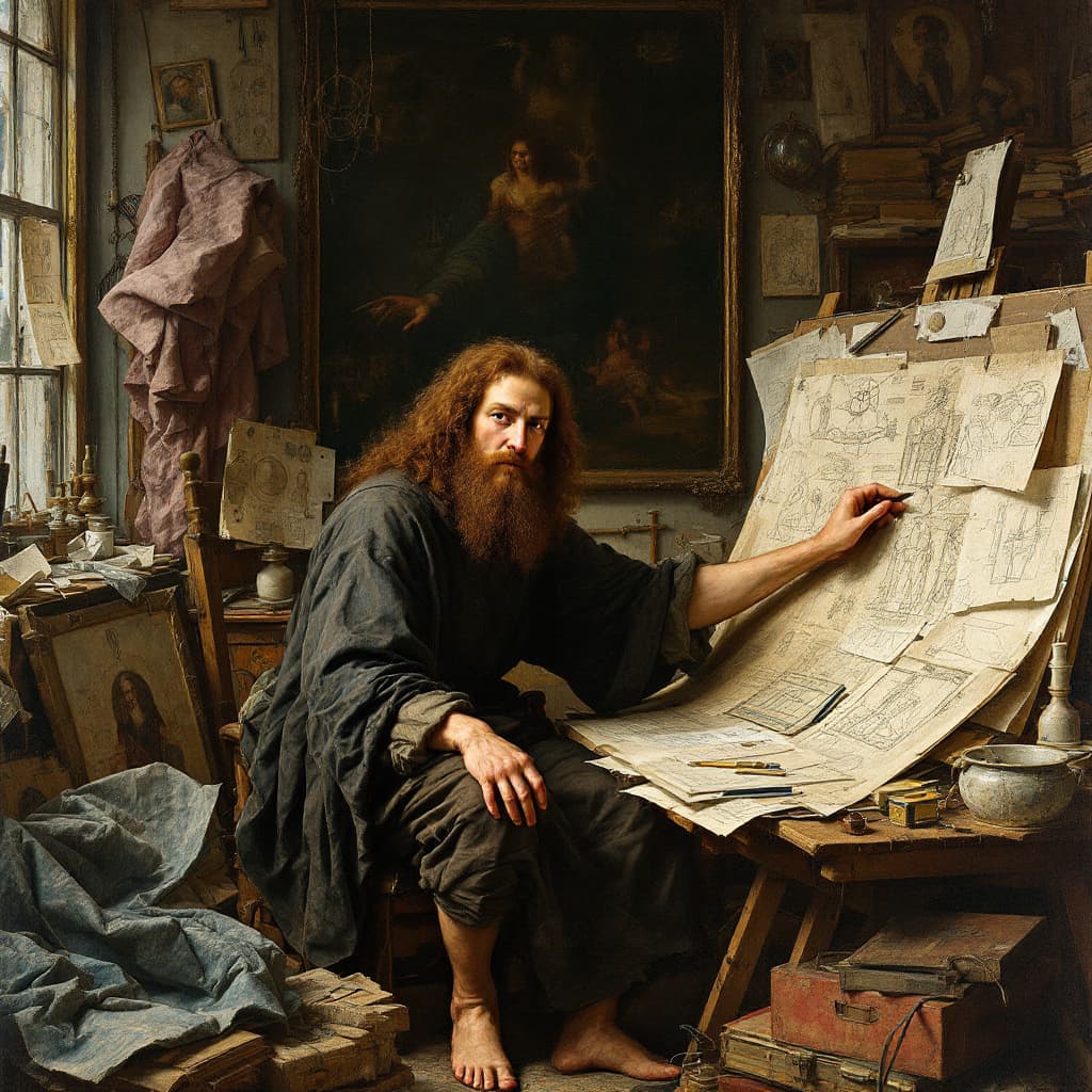 AI generated: •	"Leonardo da Vinci in his workshop, surrounded by sketches, inventions, and half-finished painting...