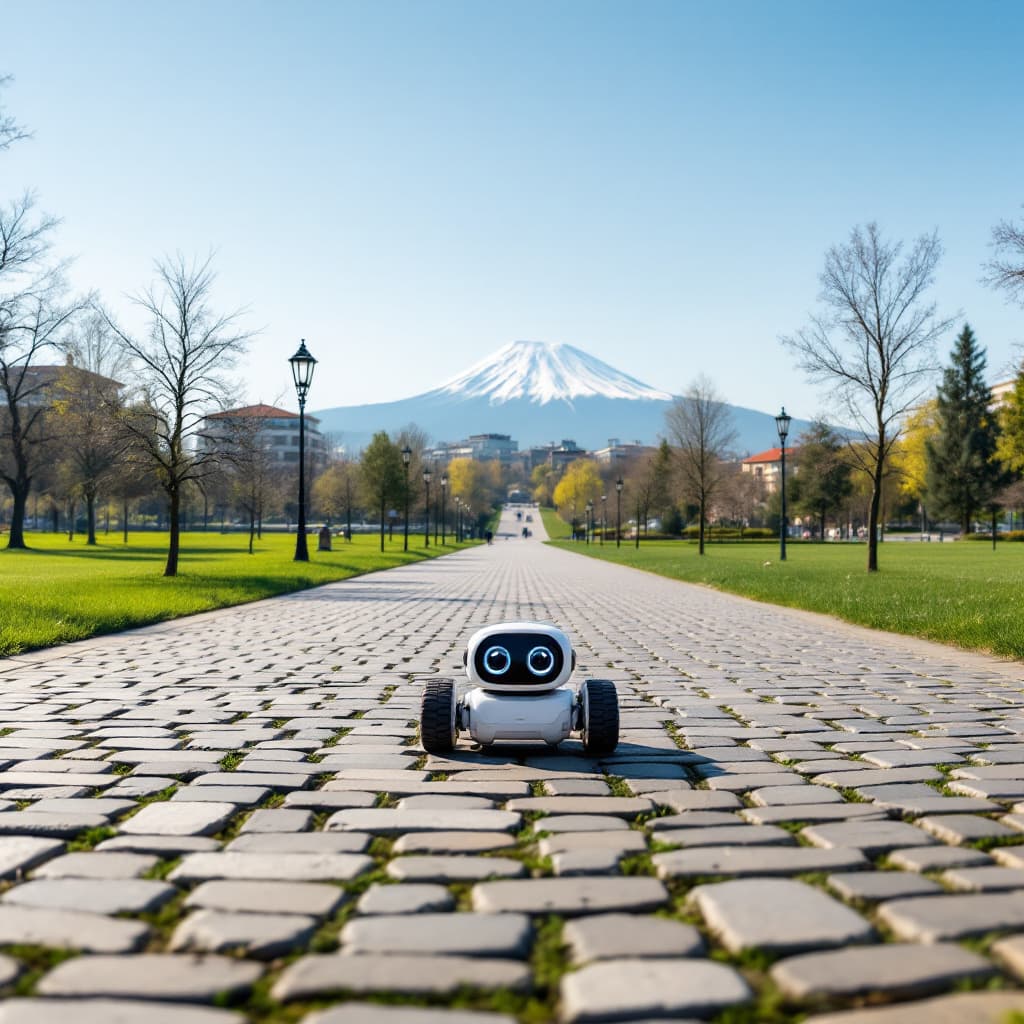 AI generated: A wide road paved with cobblestones. There are green grass and trees on both sides of the road. Ther...
