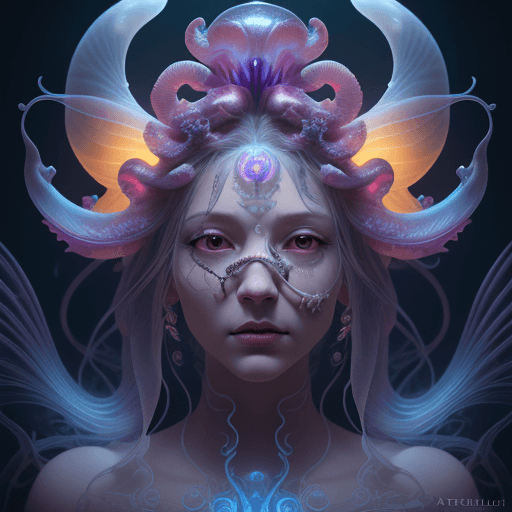 AI generated: Goddess close-up portrait ribcagel. jellyfish phoenix head, nautilus, orchid, skull, betta fish, bio...